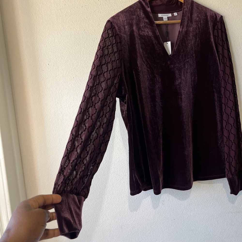 Chico's Velvet Art Deco Burnout Sheer V Neck Blouse Fairy Holiday US XL/3 New - Picture 3 of 9